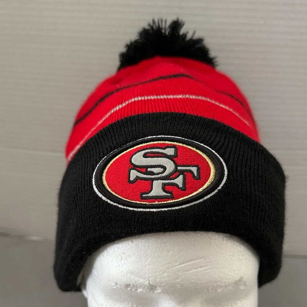New Era San Francisco 49ERS Beanie Cap Hat Pom Logo Fleece Lined Red & Black OS